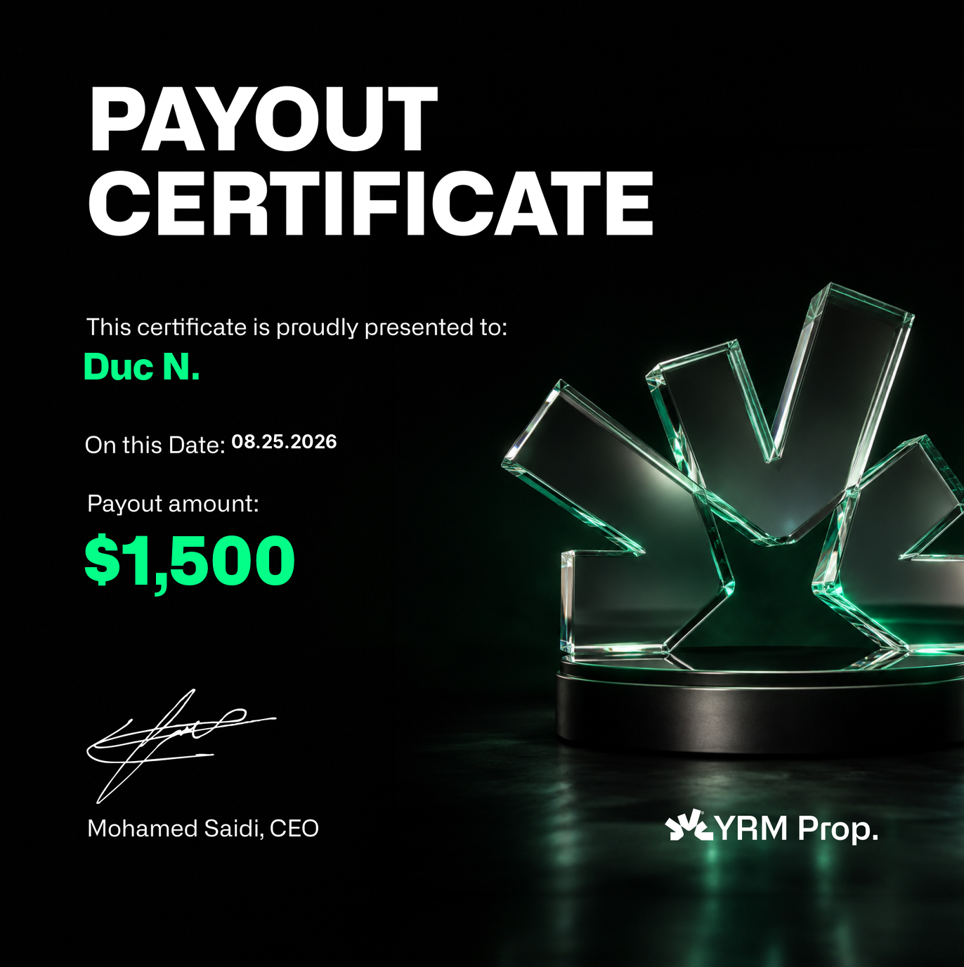 Payout certificate β Duc N. $1,500.00