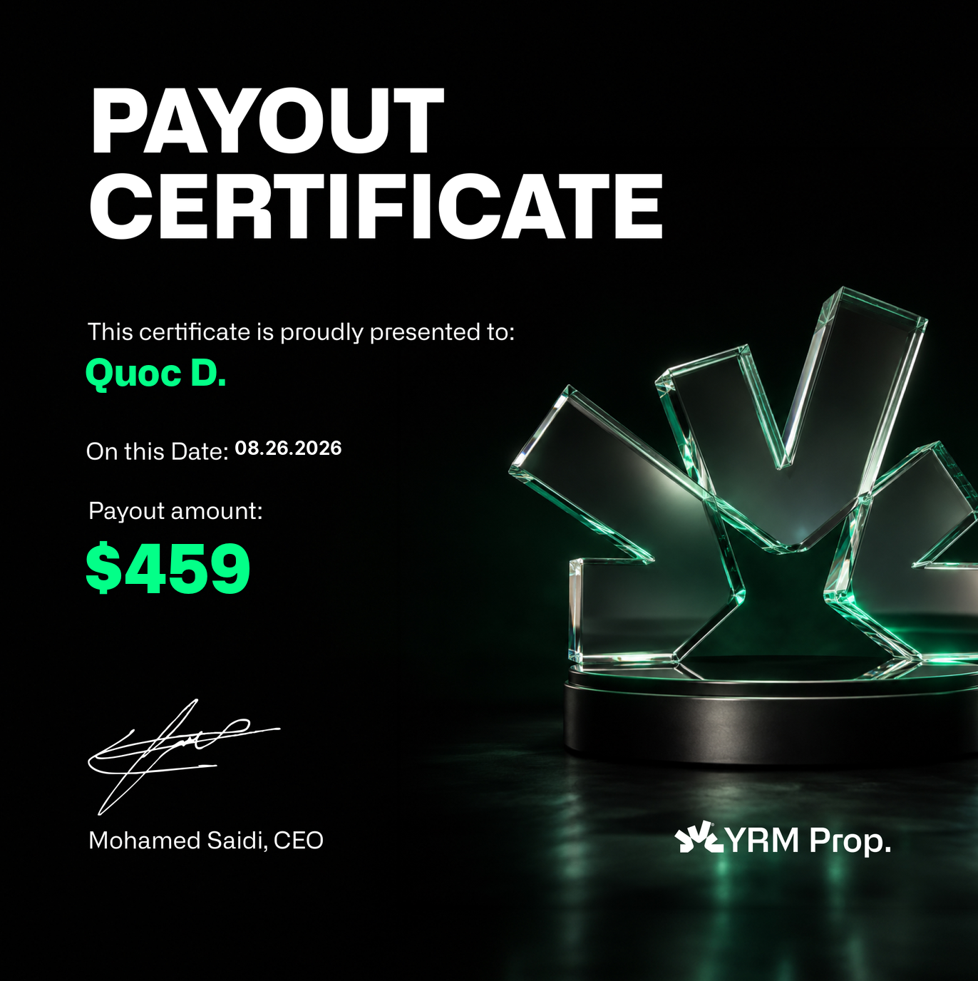 Payout certificate β Quoc D. $458.60