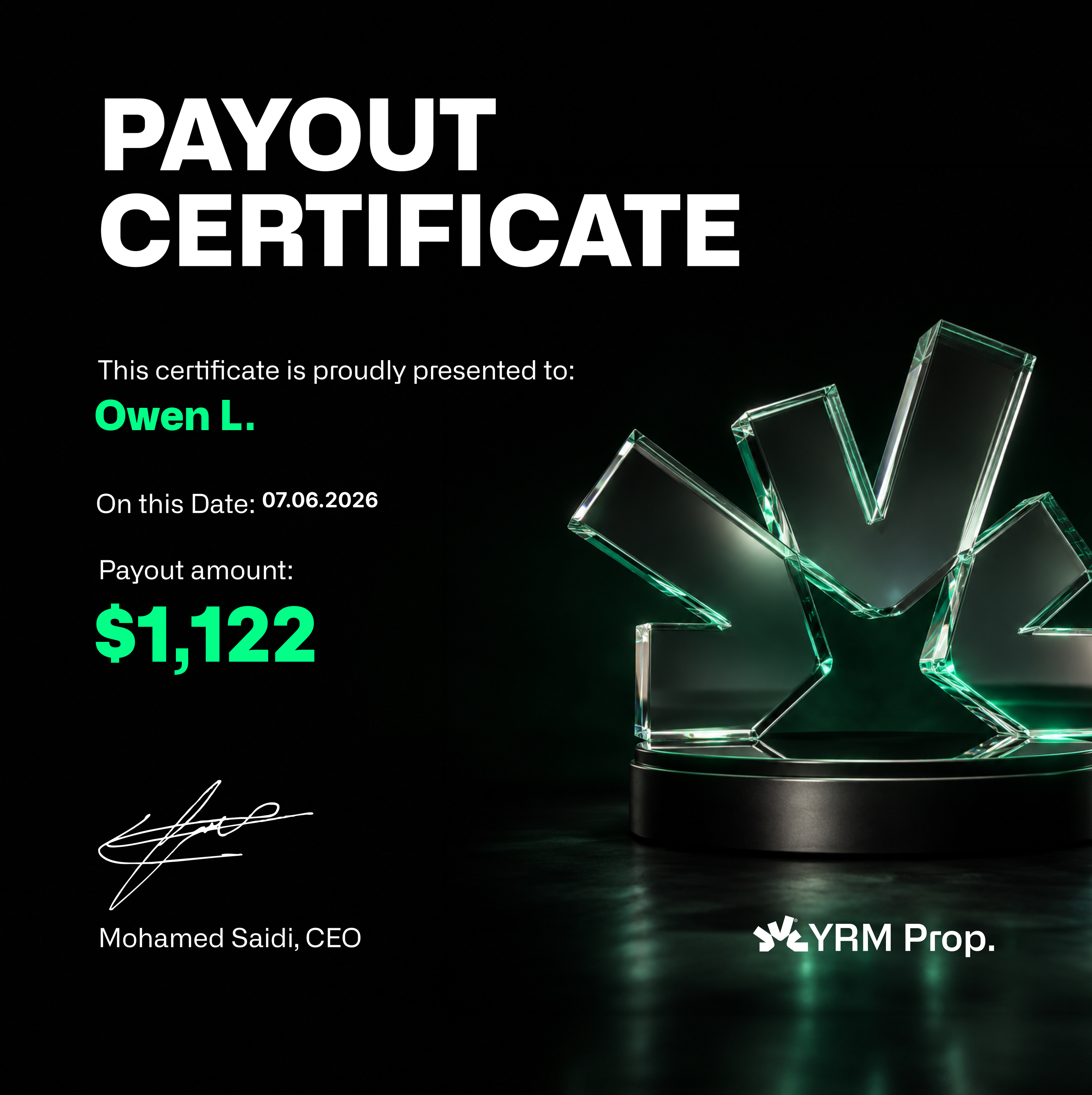 Payout certificate β Owen L. $1,122.00