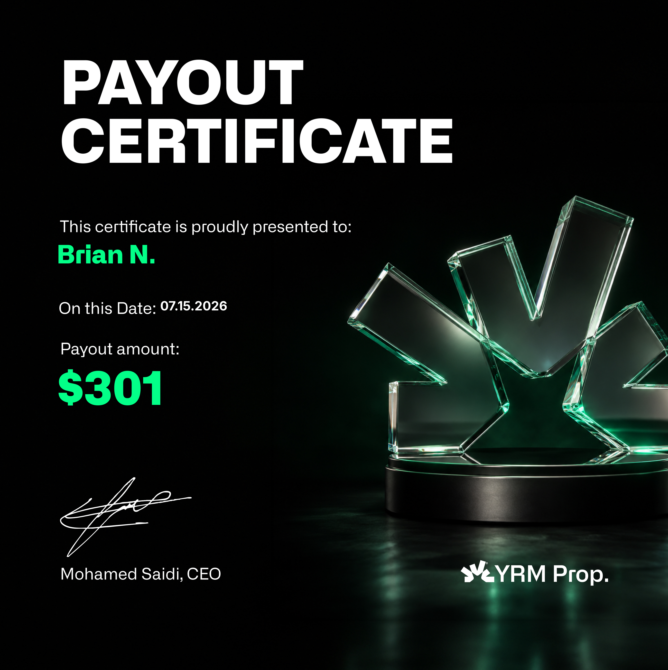 Payout certificate β Brian N. $500.00